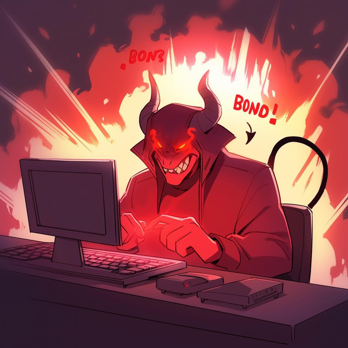 cartoon image of an evil funny and nasty devil, at a computer, spitting, with smoke from his ears, writing malicious comments