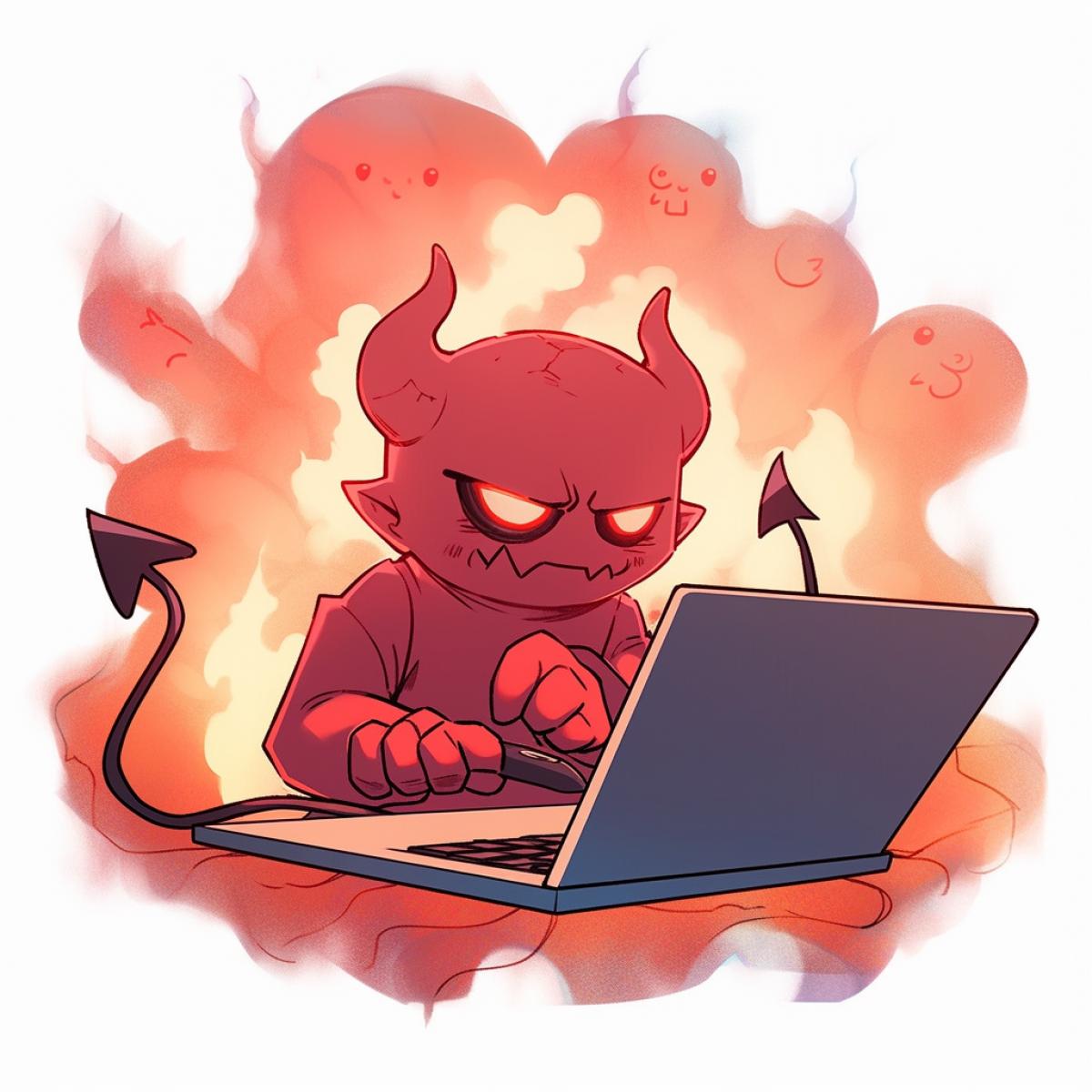 cartoon image of an evil funny and nasty devil, at a computer, spitting, with smoke from his ears, writing malicious comments