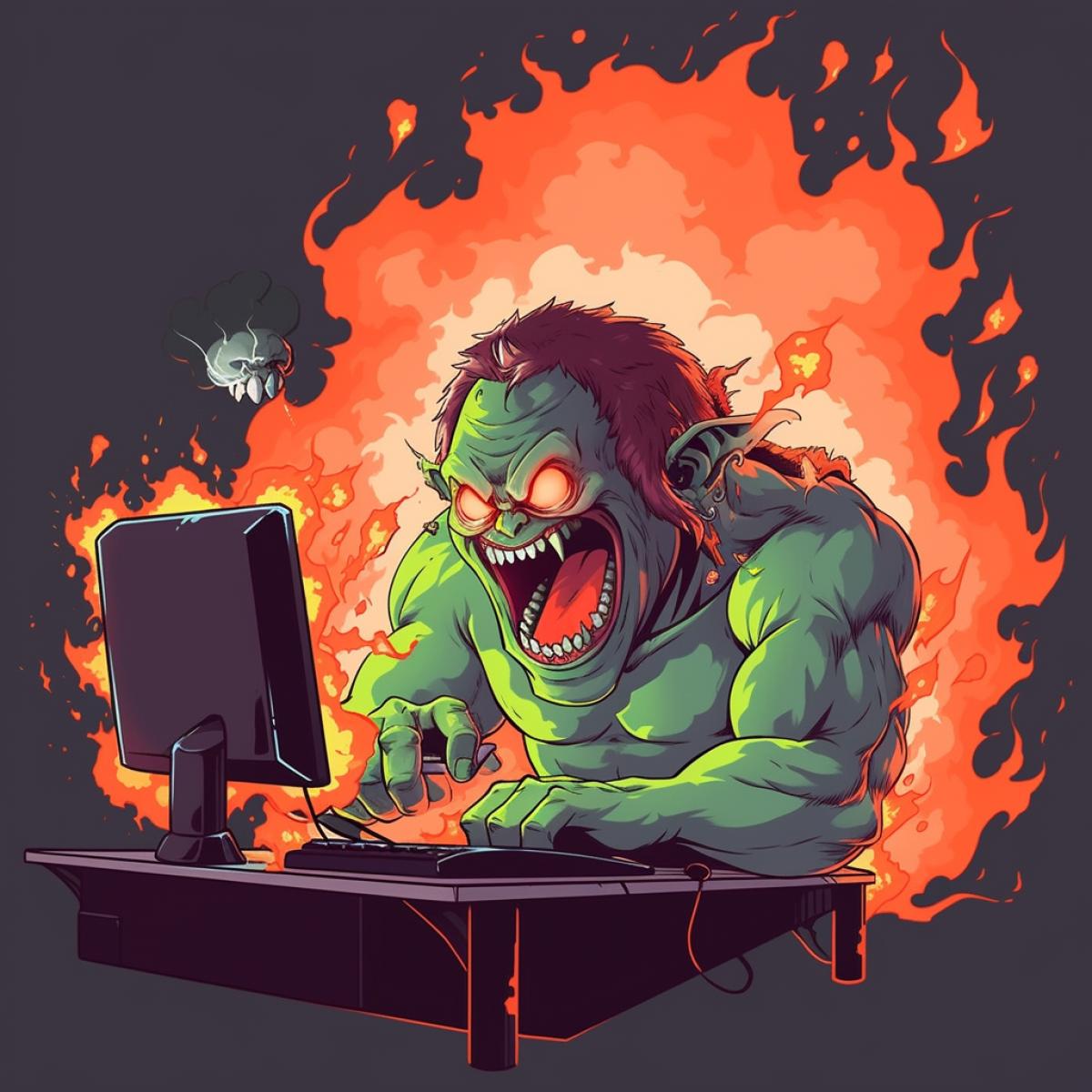 cartoon image of an evil funny and nasty troll, at the computer, splashing saliva, with smoke from his ears, writing malicious comments