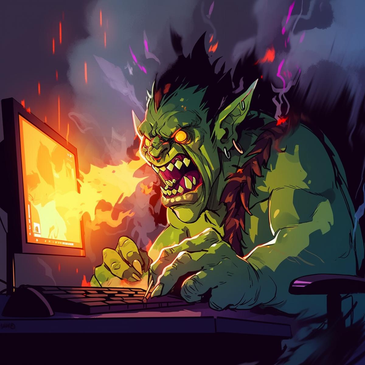cartoon image of an evil funny and nasty troll, at the computer, splashing saliva, with smoke from his ears, writing malicious comments