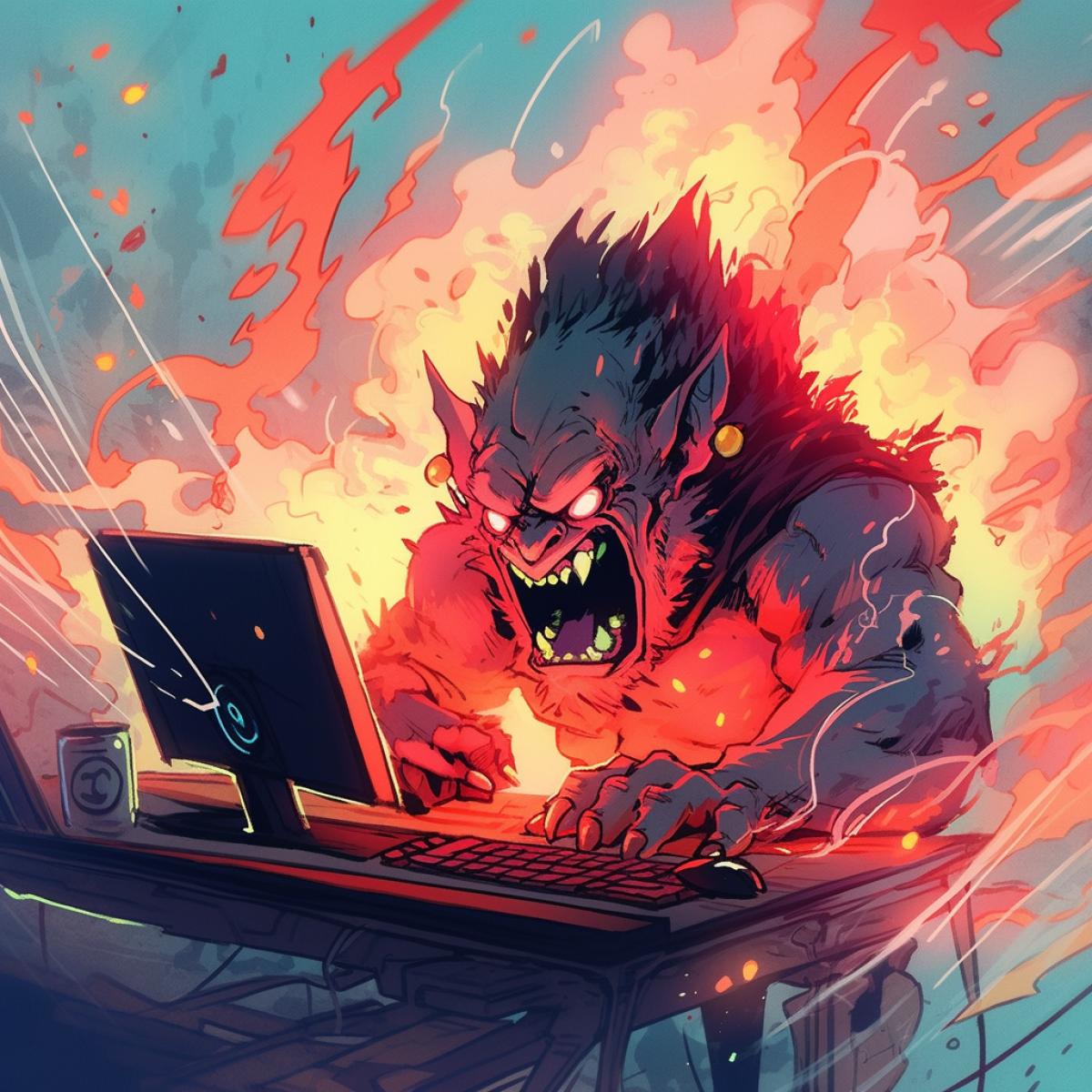 cartoon image of an evil funny and nasty troll, at the computer, splashing saliva, with smoke from his ears, writing malicious comments