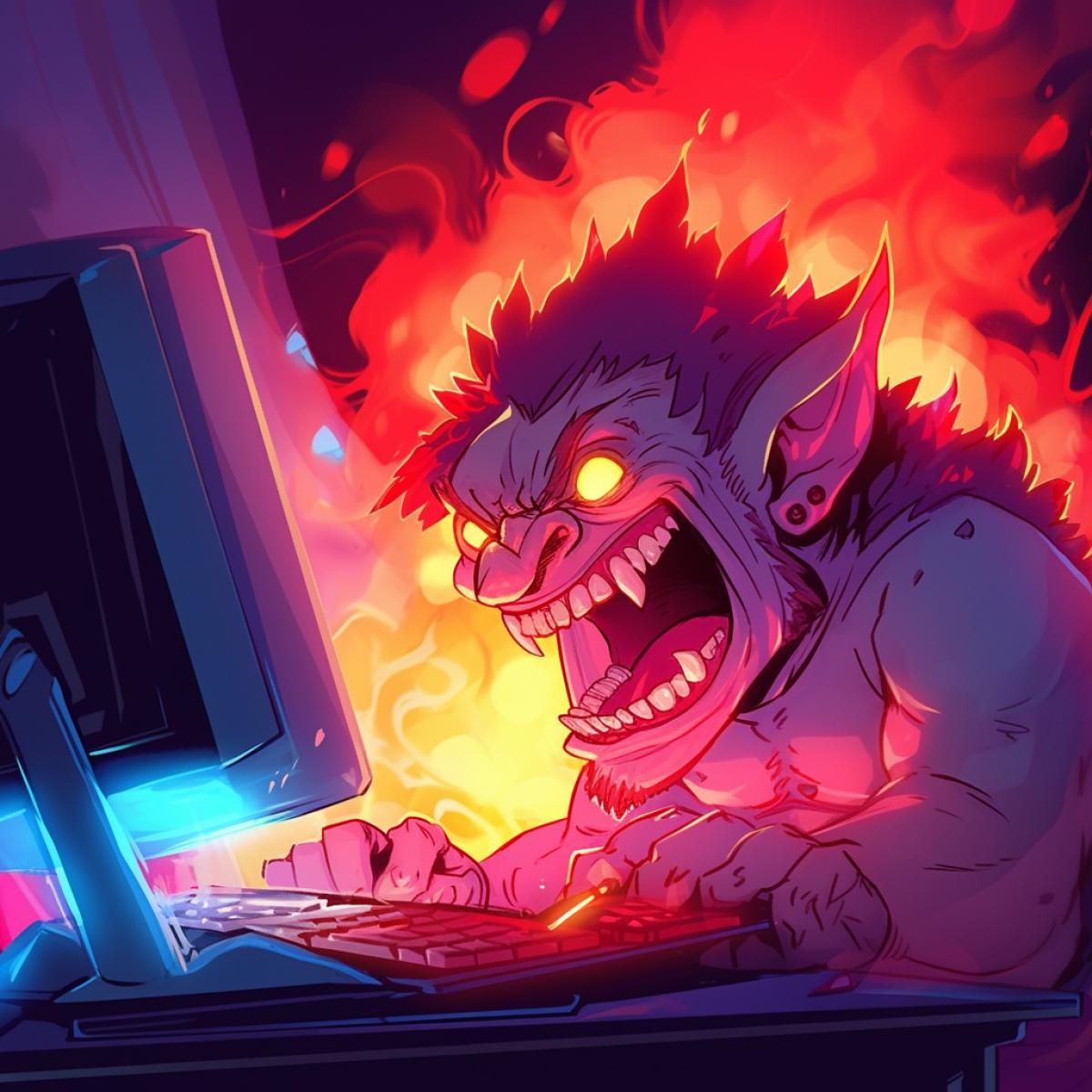 cartoon image of an evil funny and nasty troll, at the computer, splashing saliva, with smoke from his ears, writing malicious comments