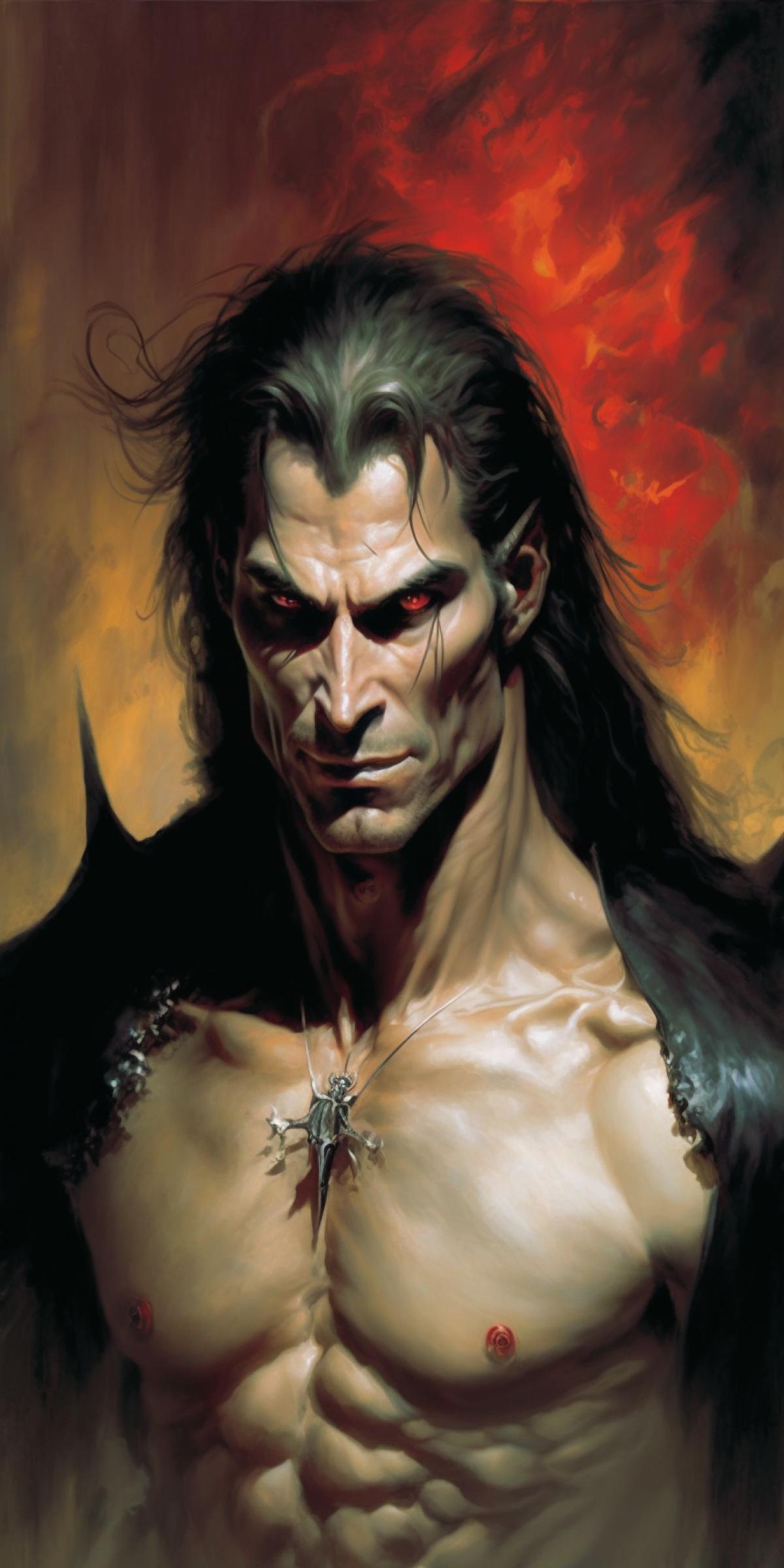 A vampire. The prince of darkness in the style of Boris Vallejo.