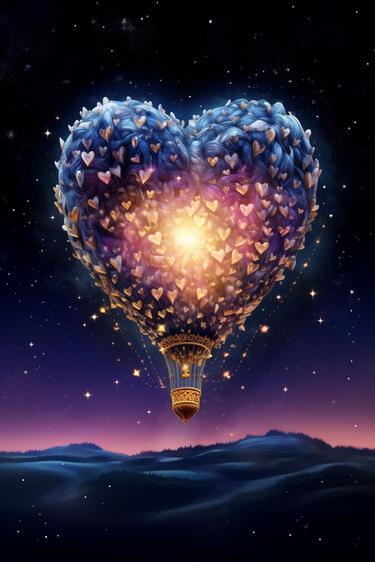 Illustrate a heart-shaped hot air balloon soaring in a sky filled with stars, representing the uplifting power of love and hope, realistic image, intricate details