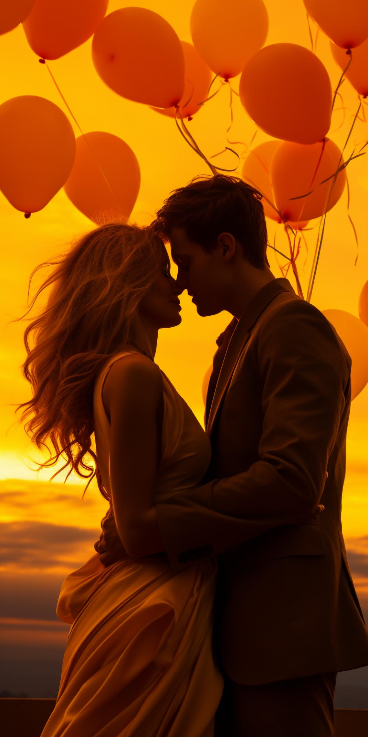 Kisses at Twilight, two intertwined lips made of bright yellow balloons, conveying a playful and lighthearted mood, set during the golden hour of sunset, captured in a whimsical photograph, inspired by the Pop Art movement, featuring a vibrant and contrasting color palette, illuminated with soft, diffused lighting, in the style of Yayoi Kusama, blending contemporary and psychedelic elements, evoking a sense of joy and enchantment