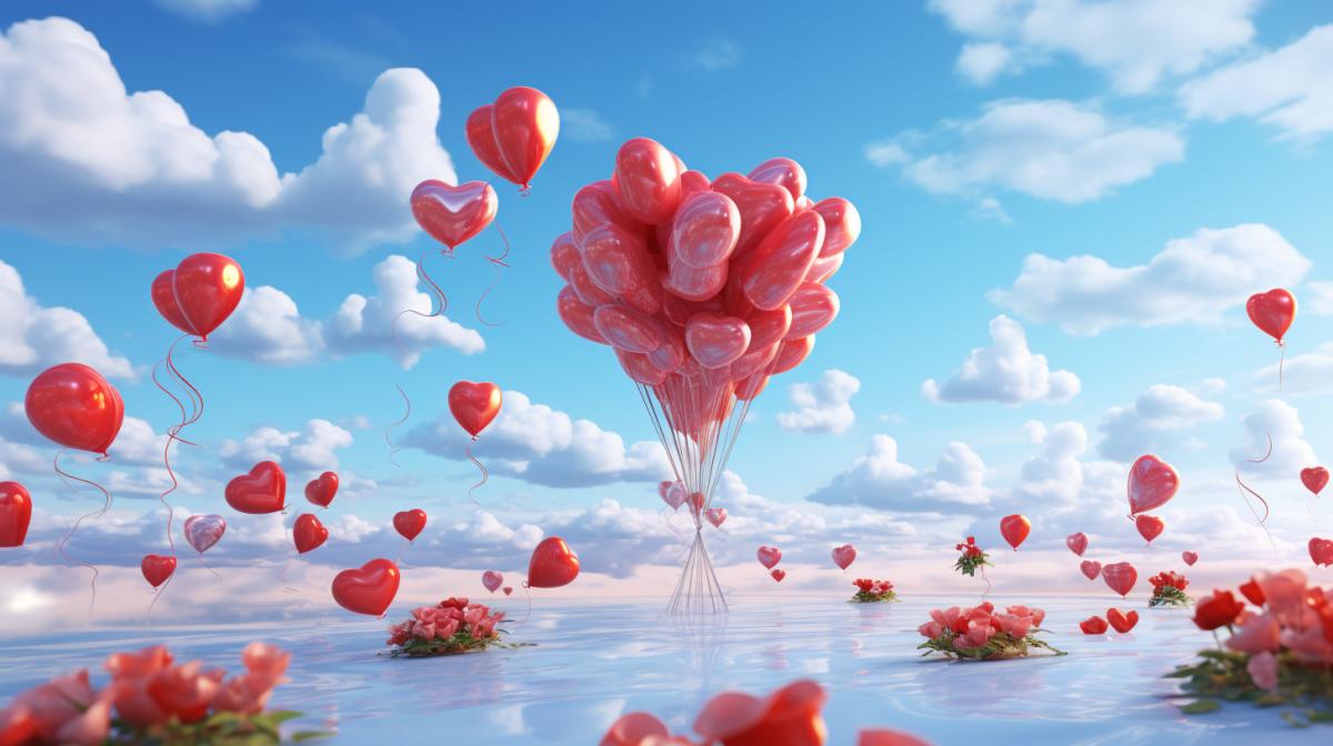 Love shaped balloons, ambient lighting, love bubbles, red roses, gifts, rose fields, illustrations, love, blue sky and white clouds, ultimate detail portrayal, masters work, masterpiece, ultra detailed renderings, contour shadows, and contrast between light and dark, Maxon Cinema 4D, octane render, Bright, hyper quality, high resolution,