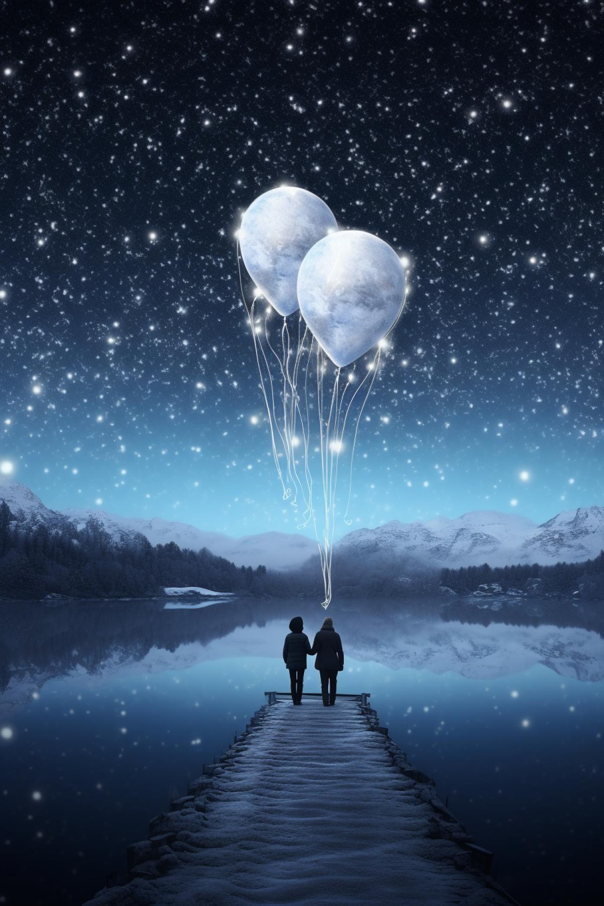People two far whites balloons in the sky at the edge of a lake in the mountains in winter night photography realistic digital image