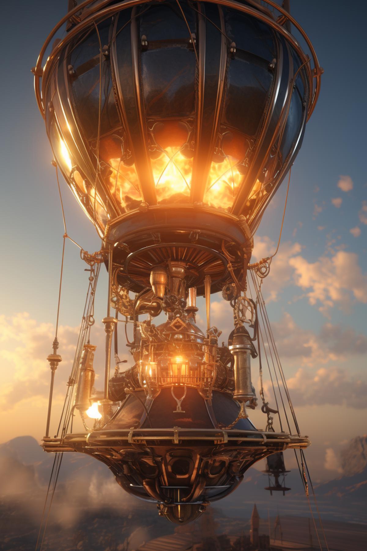 hot air balloon, steampunk, many details, professional photo, dynamic shot, cinematic shot, dramatic shot, RTX, HDR, 8K,TXAA, 3D, realistic, natural lighting, photorealistic, super detailed, hyper realistic, cinematic, style raw