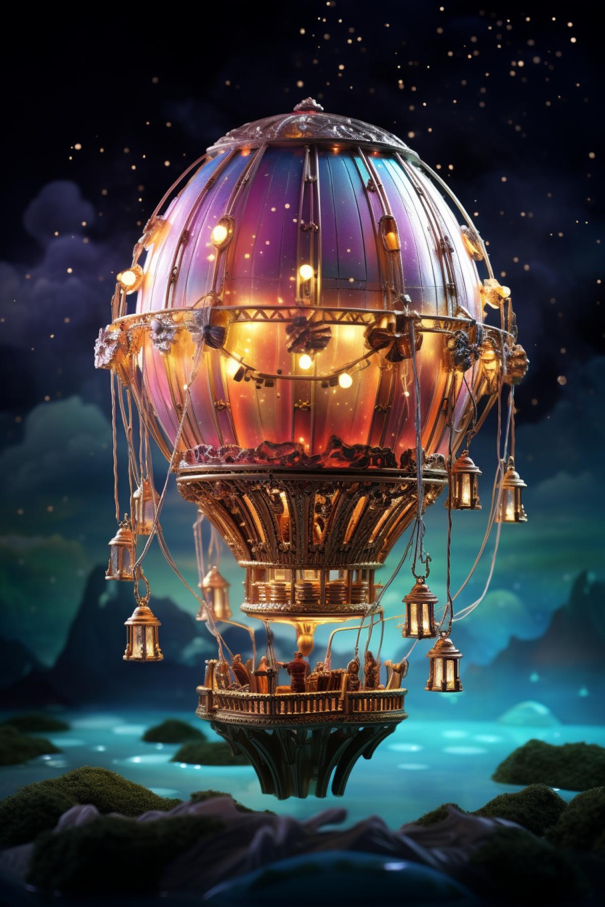 hot air balloon, loaded with love, best wishes, hyper detailed hot air balloon, filled with music and nylon lights into spaceship, nylon lights storm surrealism