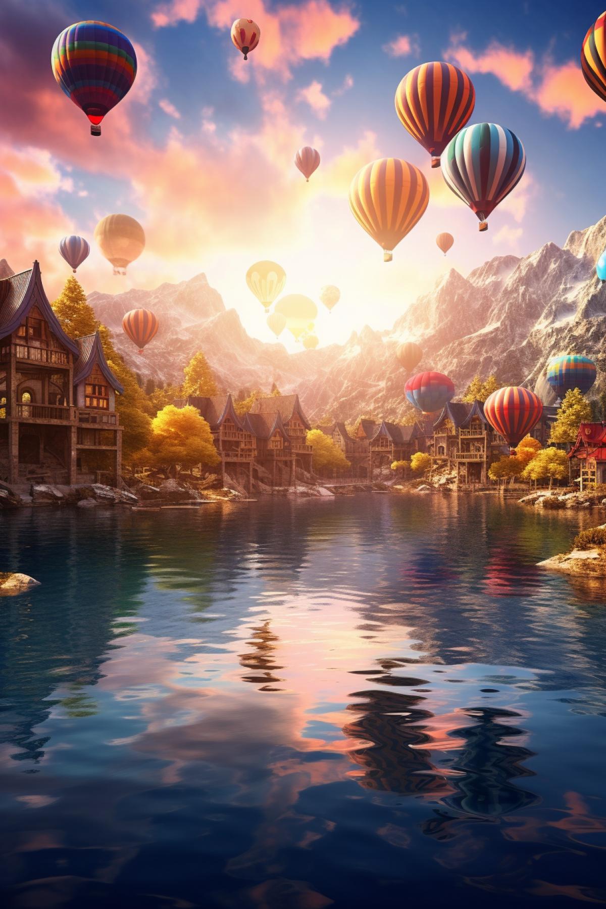 the Opal Balloons festival over a fantasy lake, fantasy houses,cinematic, sun rays, photorealistic, vibrant, symmetrical, contrasted, intricate detailed, 8K