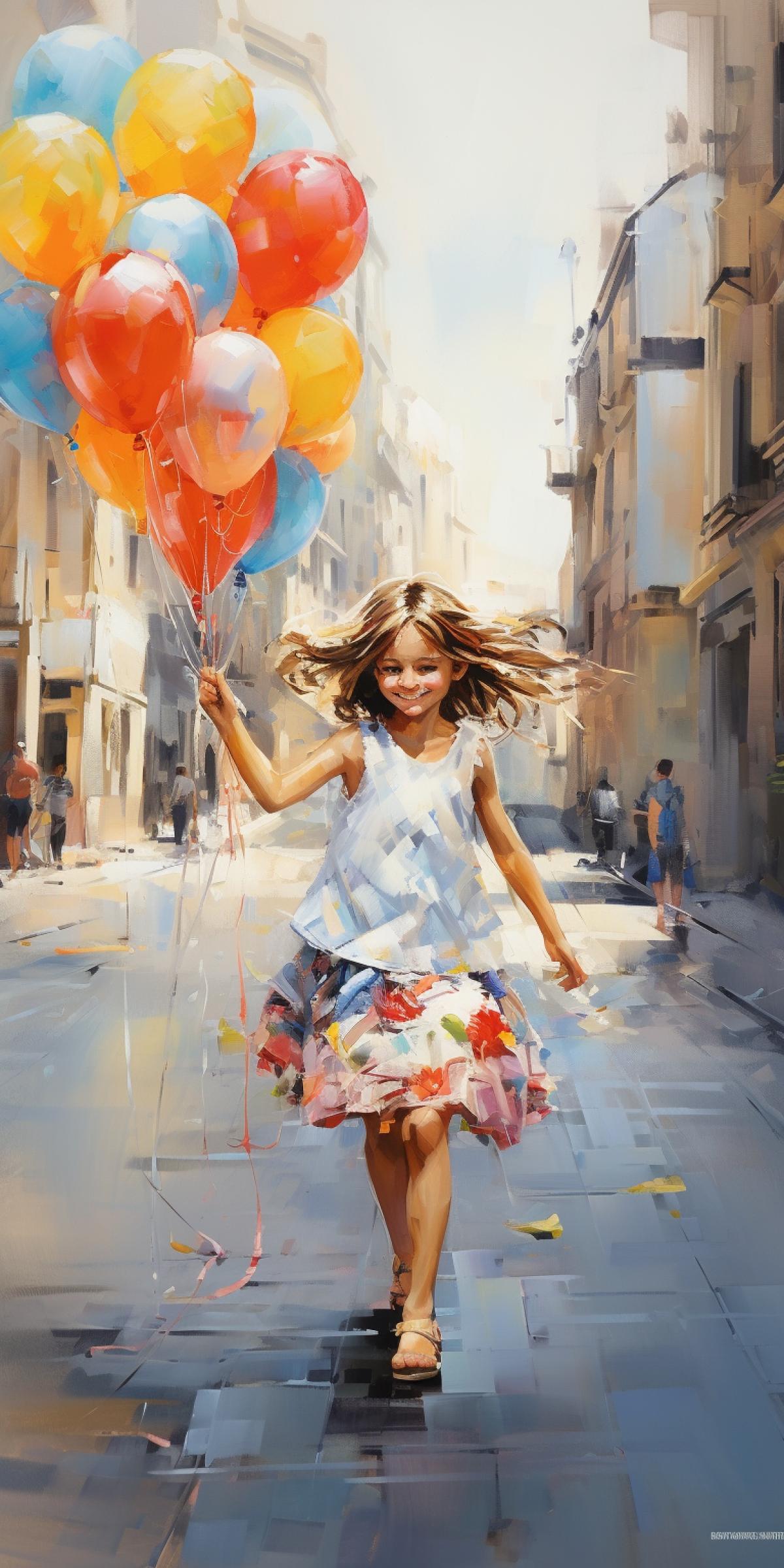 a beautiful 5 years old girl with brown hair, smiling, wearing a floral summer dress, holding a air balloons, full body, walking down the street, Fabio Cembranelli art