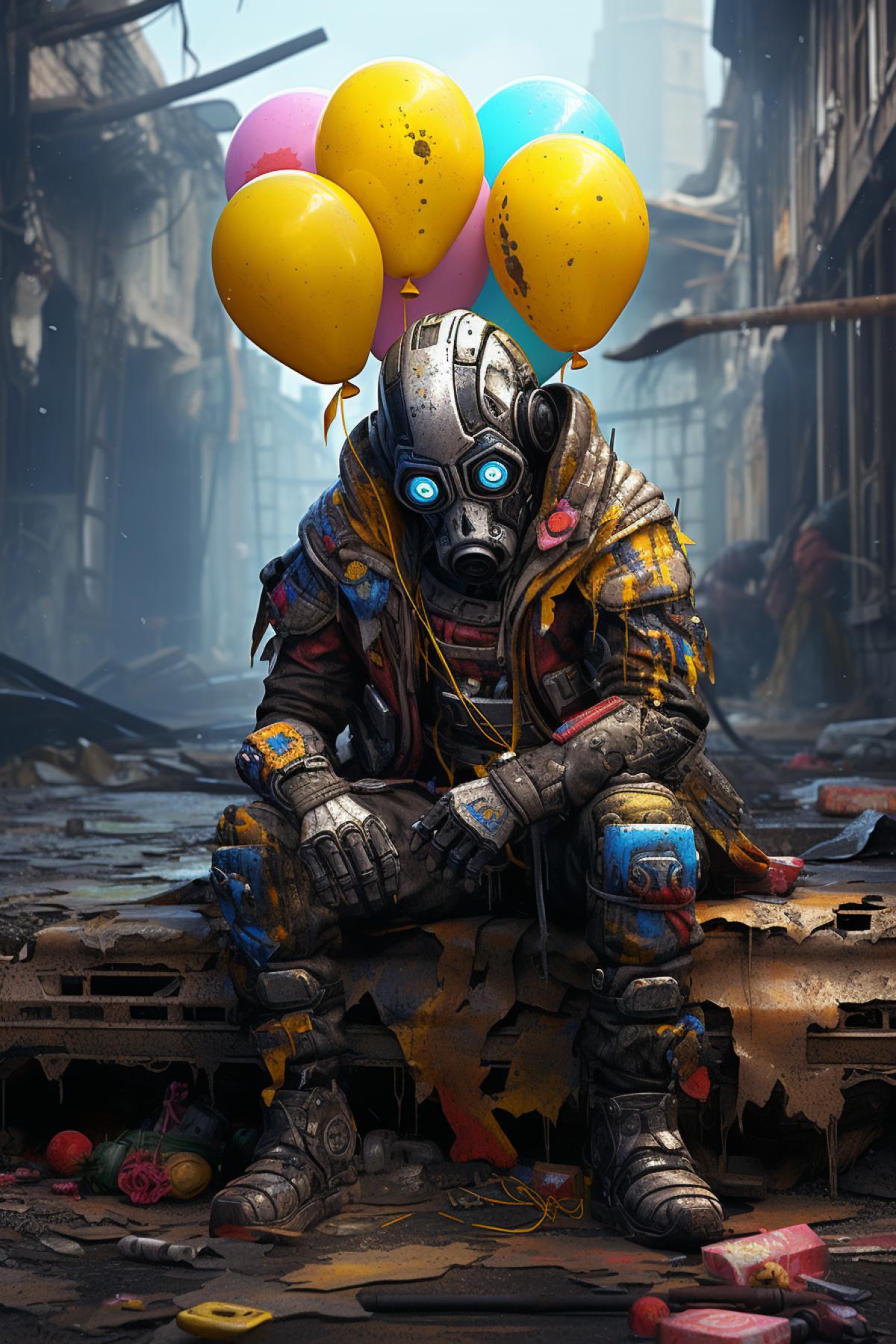 a cyberpunk robot kneeling down in the middle of a post apocalyptic destroyed city, its holding some colorful balloons