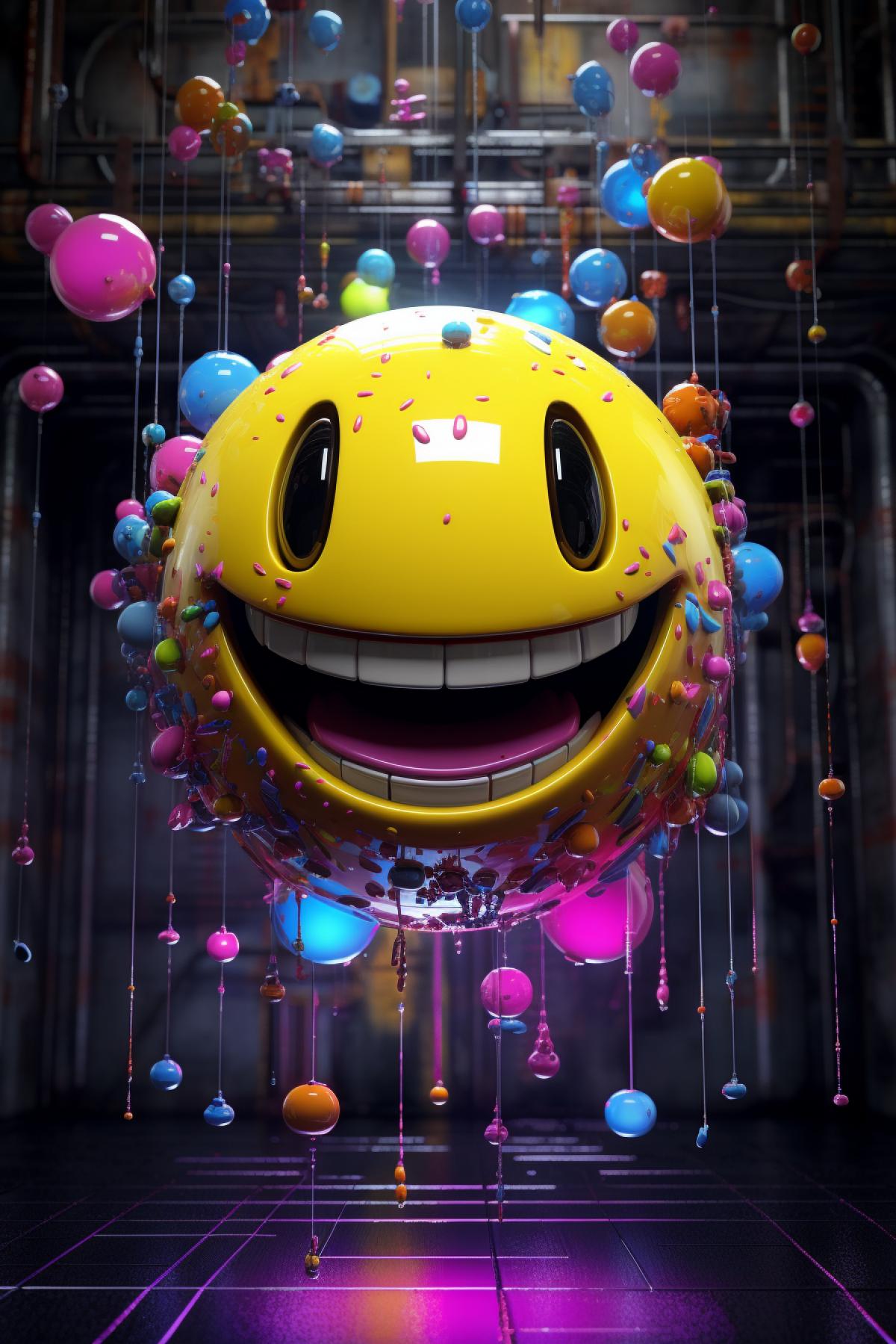 Smiley face balloon，surreal and cyberpunk style, octane rendering, fantasy engine