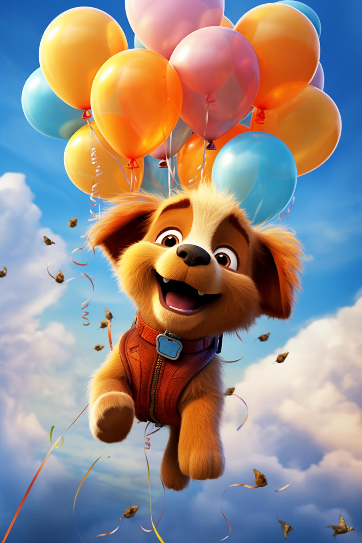 friendly Shaggy cute puppy floating in the sky, holding balloons, smiling, cartoonish, pixar, sunshine, vibrant colors
