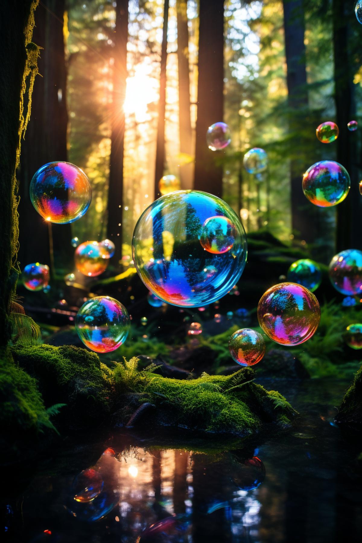 dense forest filled with reflective colorful huge soap bubbles, enviroment reflection