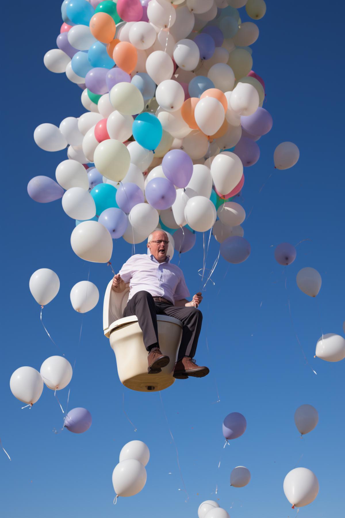 A man with his pants down sits on toilet, the toilet flies in the sky on balloons