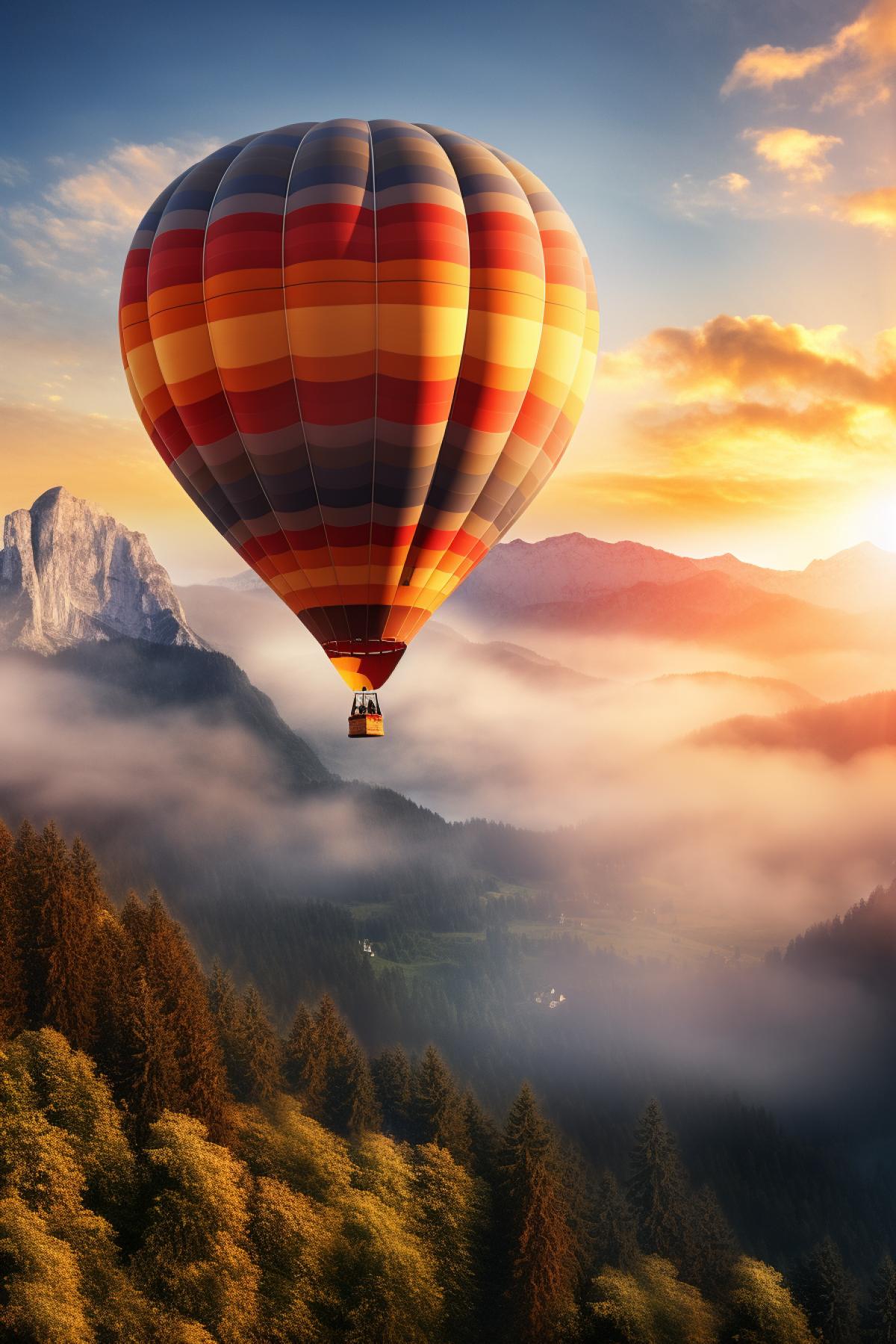 he sun is shining through the clouds above the trees and mountains, hot air balloon, the dawn, a matte painting by Daren Bader, shutterstock contest winner, naturalism, sunrays shine upon it, god rays, volumetric lighting, adire