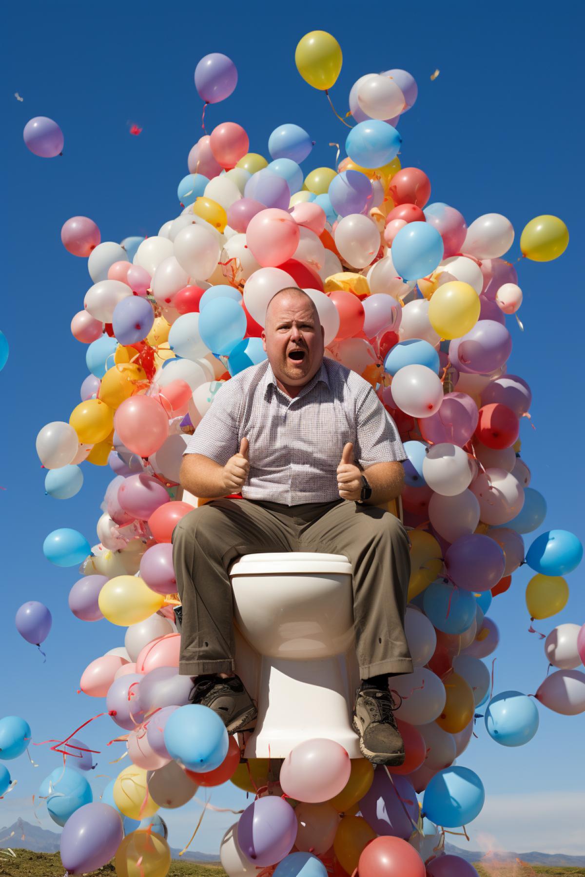 A man with his pants down sits on toilet, the toilet flies in the sky on balloons