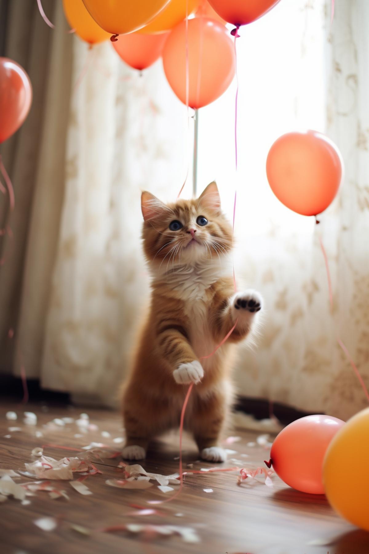 The balloon bursts in the paws of the cat, explosion, cotton