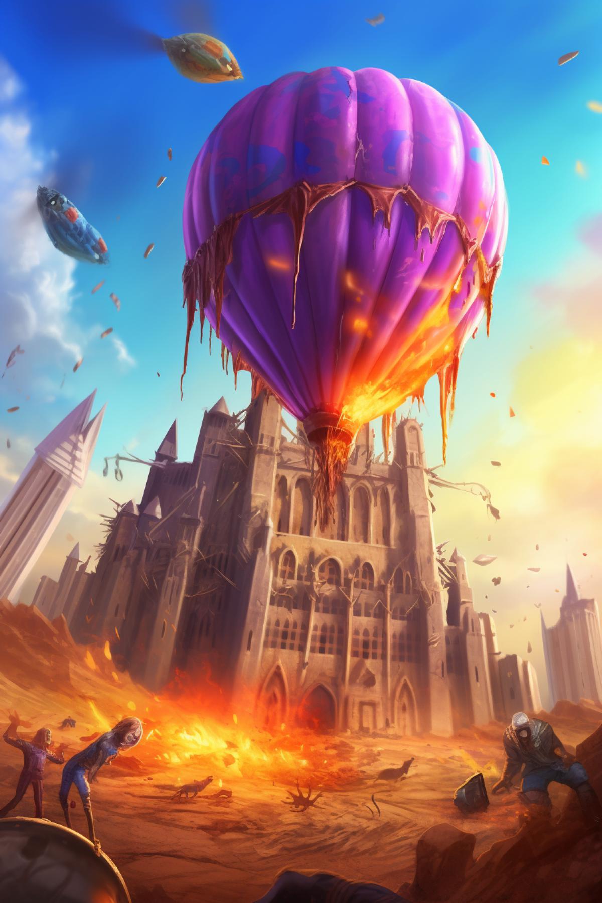 Colorful joyful hot air balloon flies over the terrible apocalypse