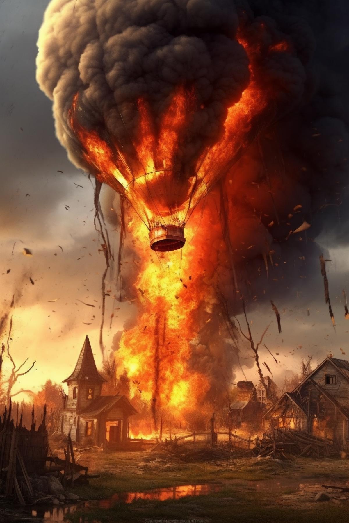 Colorful joyful hot air balloon flies over the terrible apocalypse