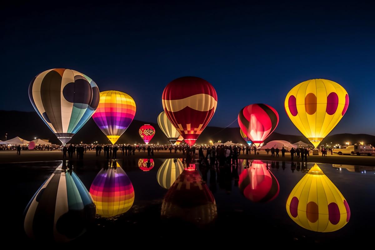 Balloon festival at night, lights in the night, colorful balloons