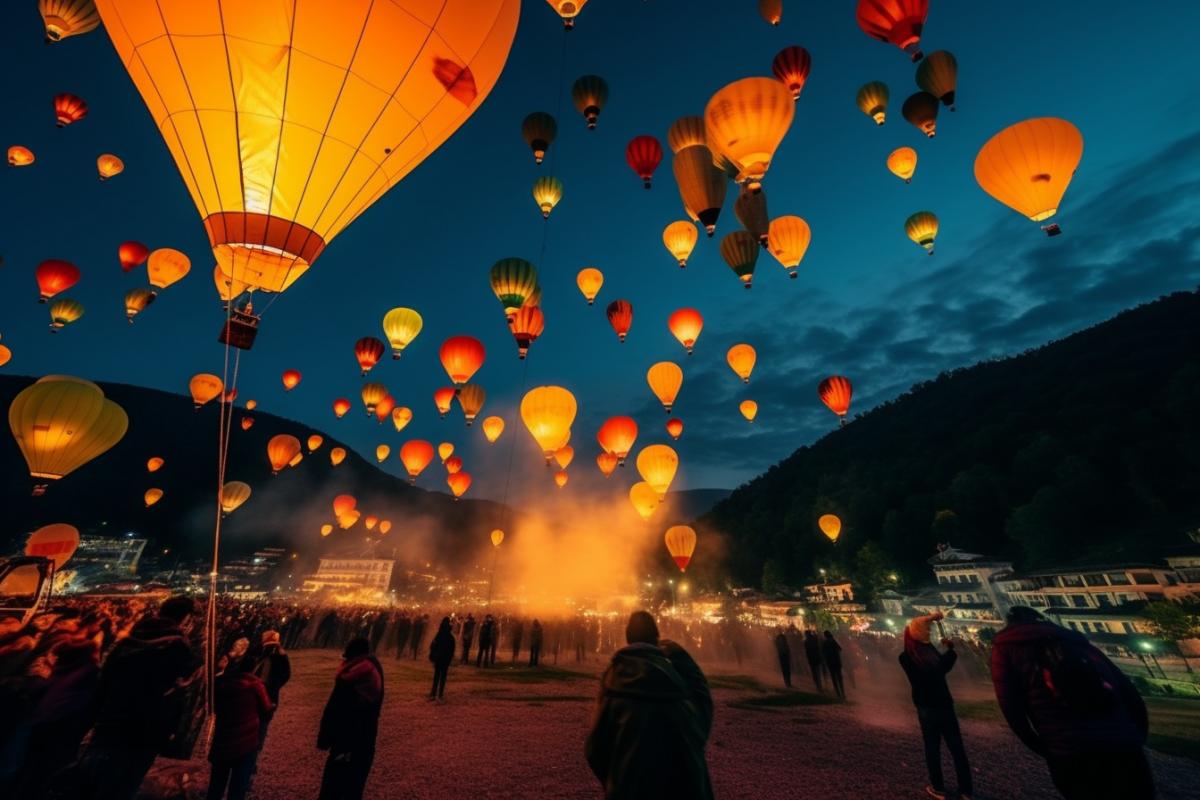 Balloon festival at night, lights in the night, colorful balloons