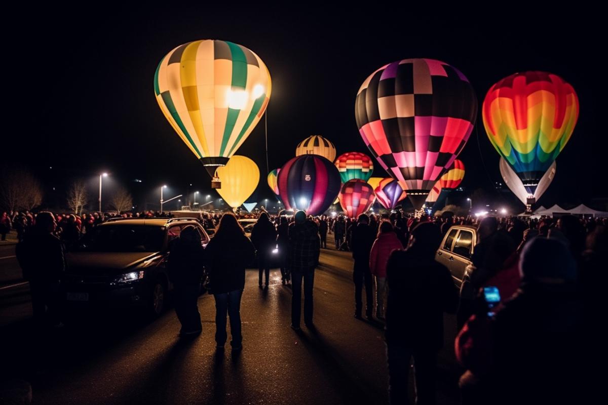 Balloon festival at night, lights in the night, colorful balloons