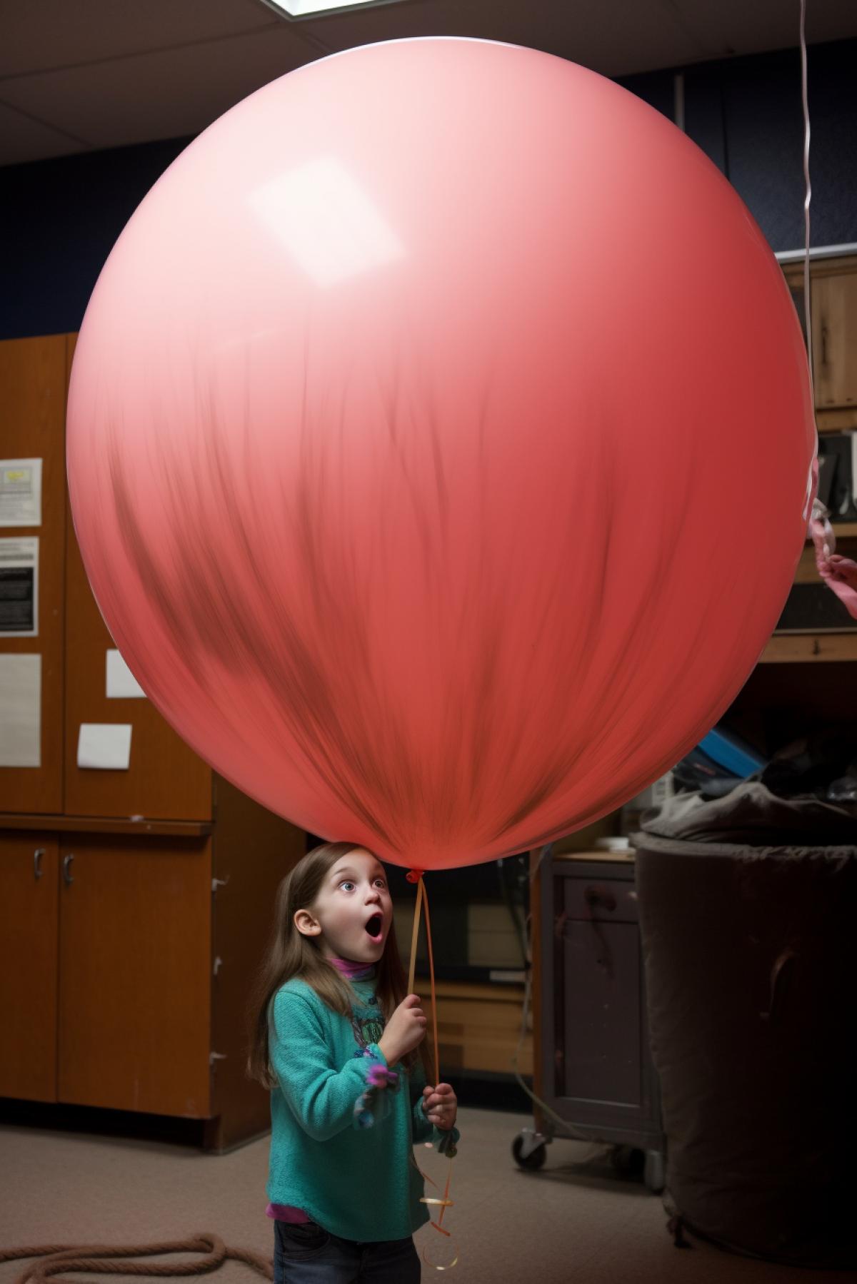 The girl blows into a huge balloon, the balloon is about to burst!