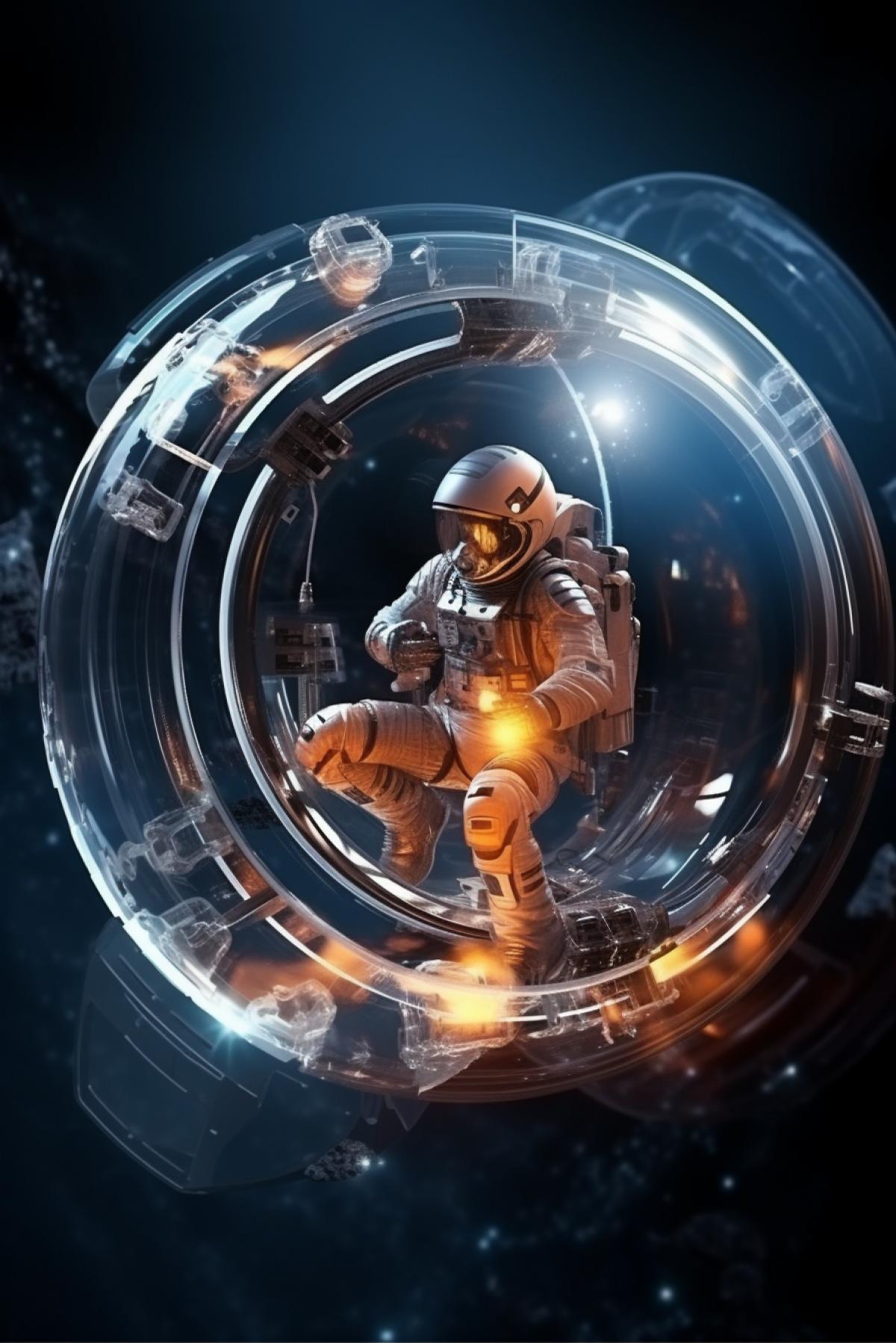 A spaceship in the form of a transparent ball flies, a pilot sits inside, science fiction