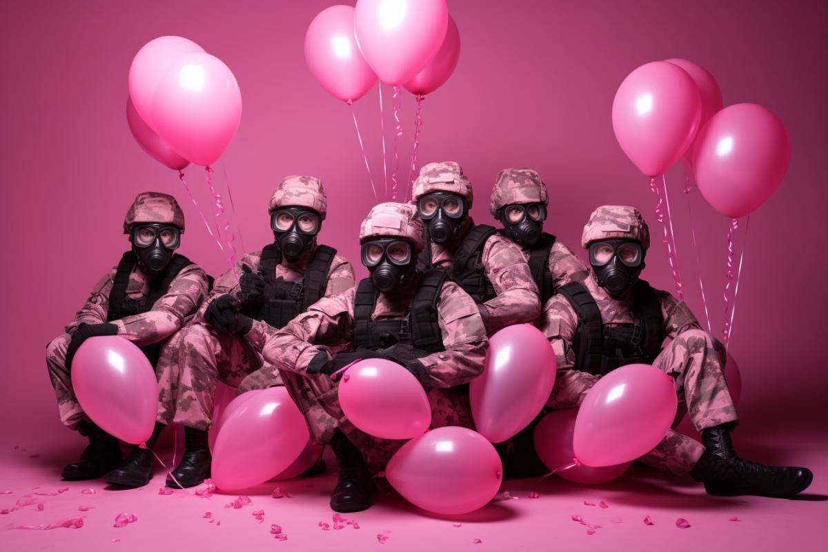 Terrible special forces with pink balloons, group photo, studio quality, staged light