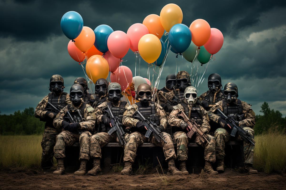 Severe special forces with balloons, group photo