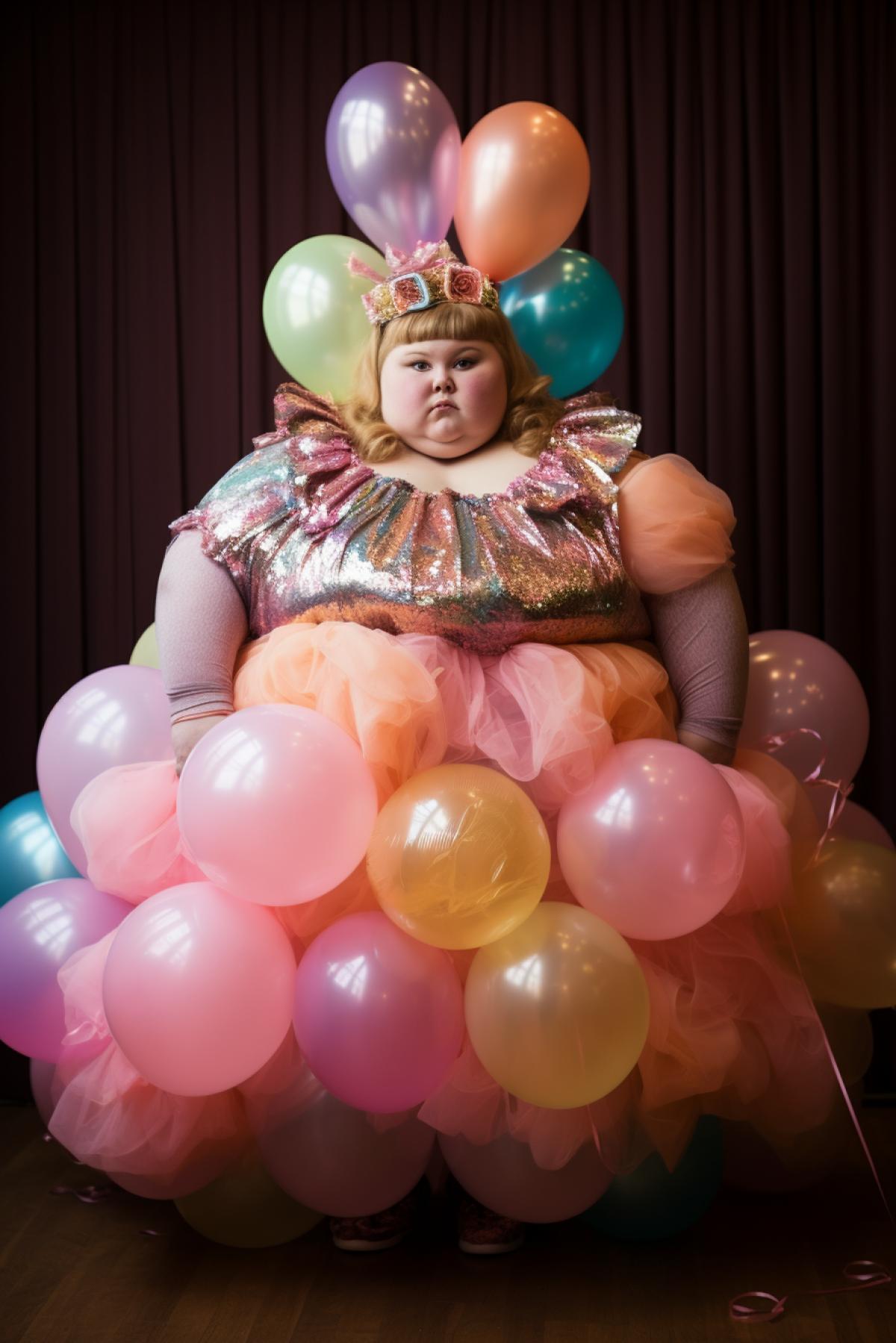 Chubby girl, made of balloons, in a luxury