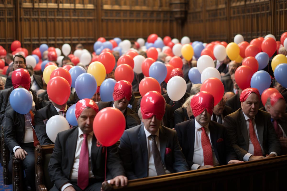 Members of Parliament with balloons instead of heads