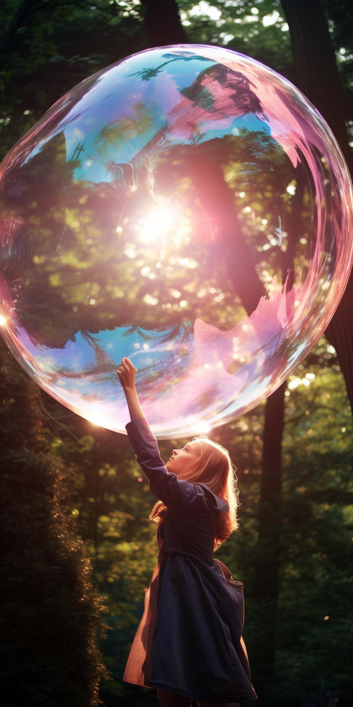 Girl inflates a huge soap bubble