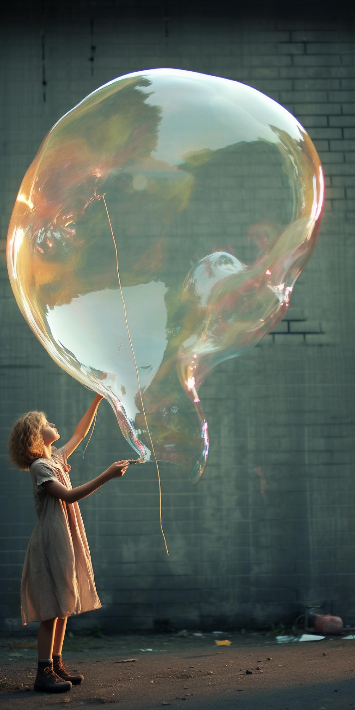 Girl inflates a huge soap bubble