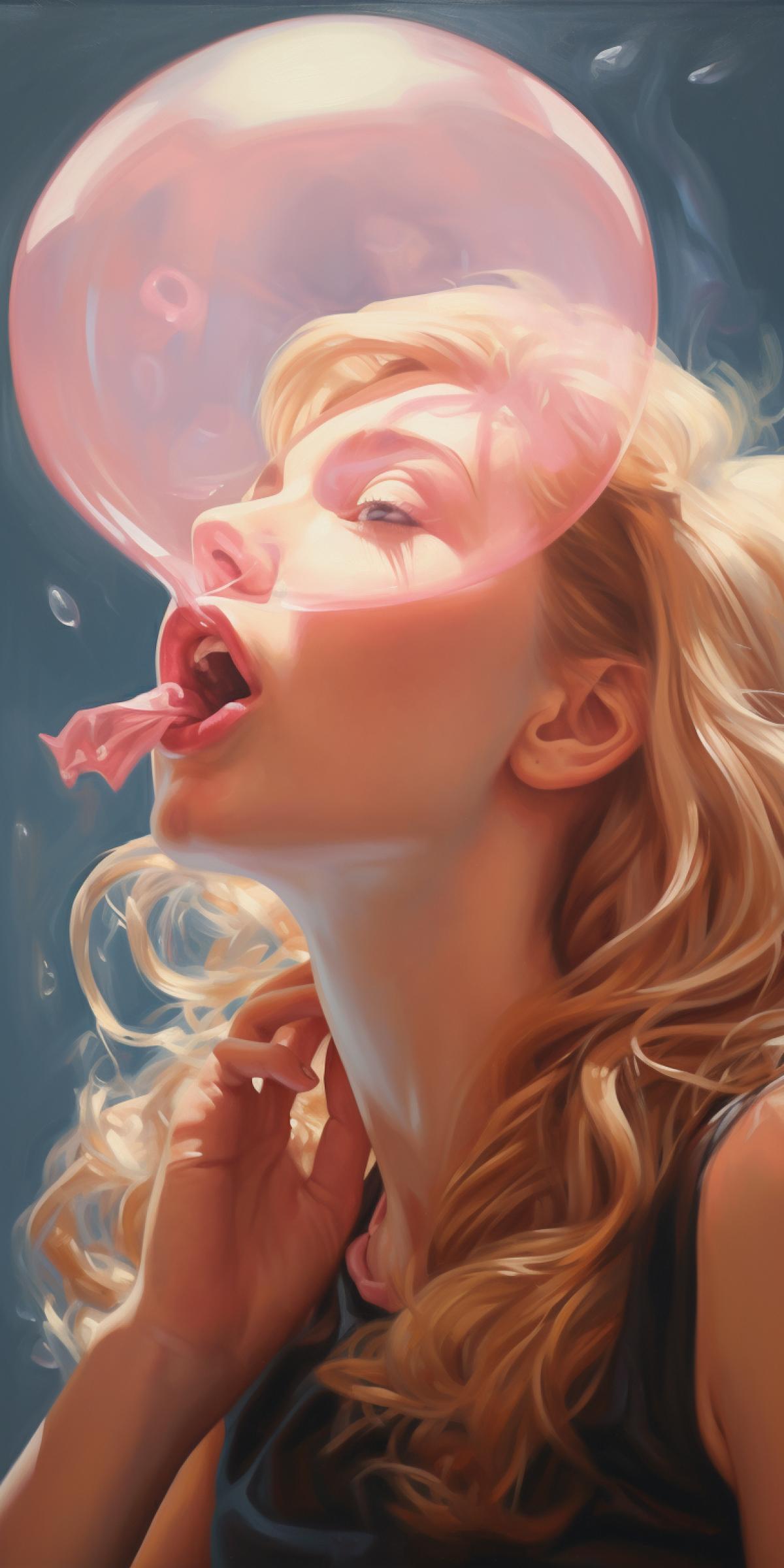 Girl inflates a huge gum bubble
