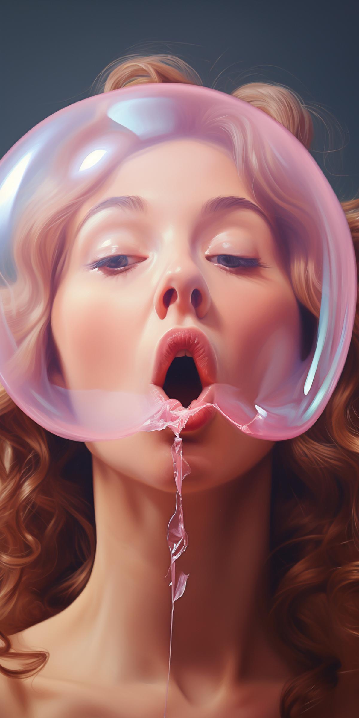 Girl inflates a huge gum bubble