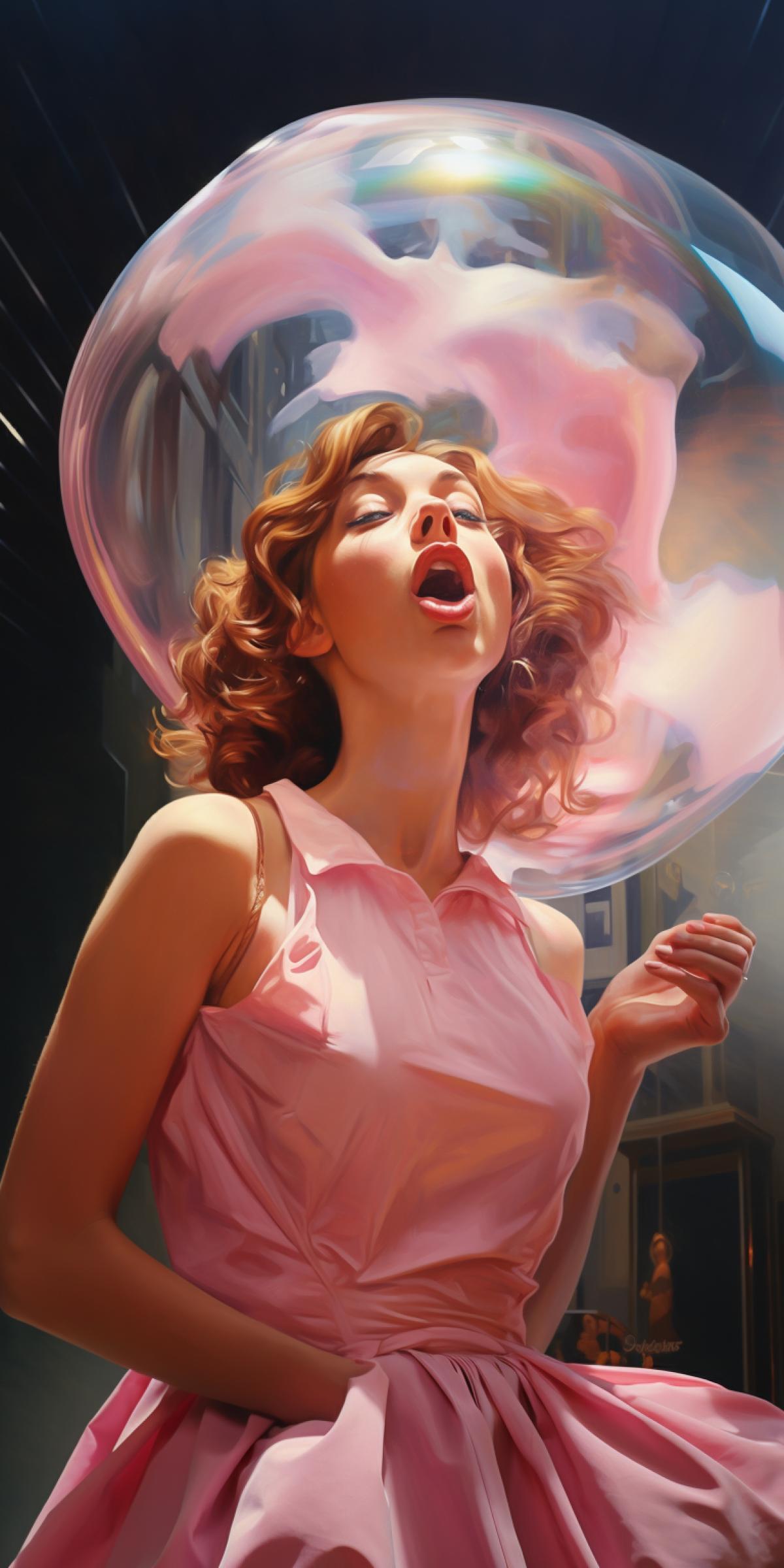 Girl inflates a huge gum bubble
