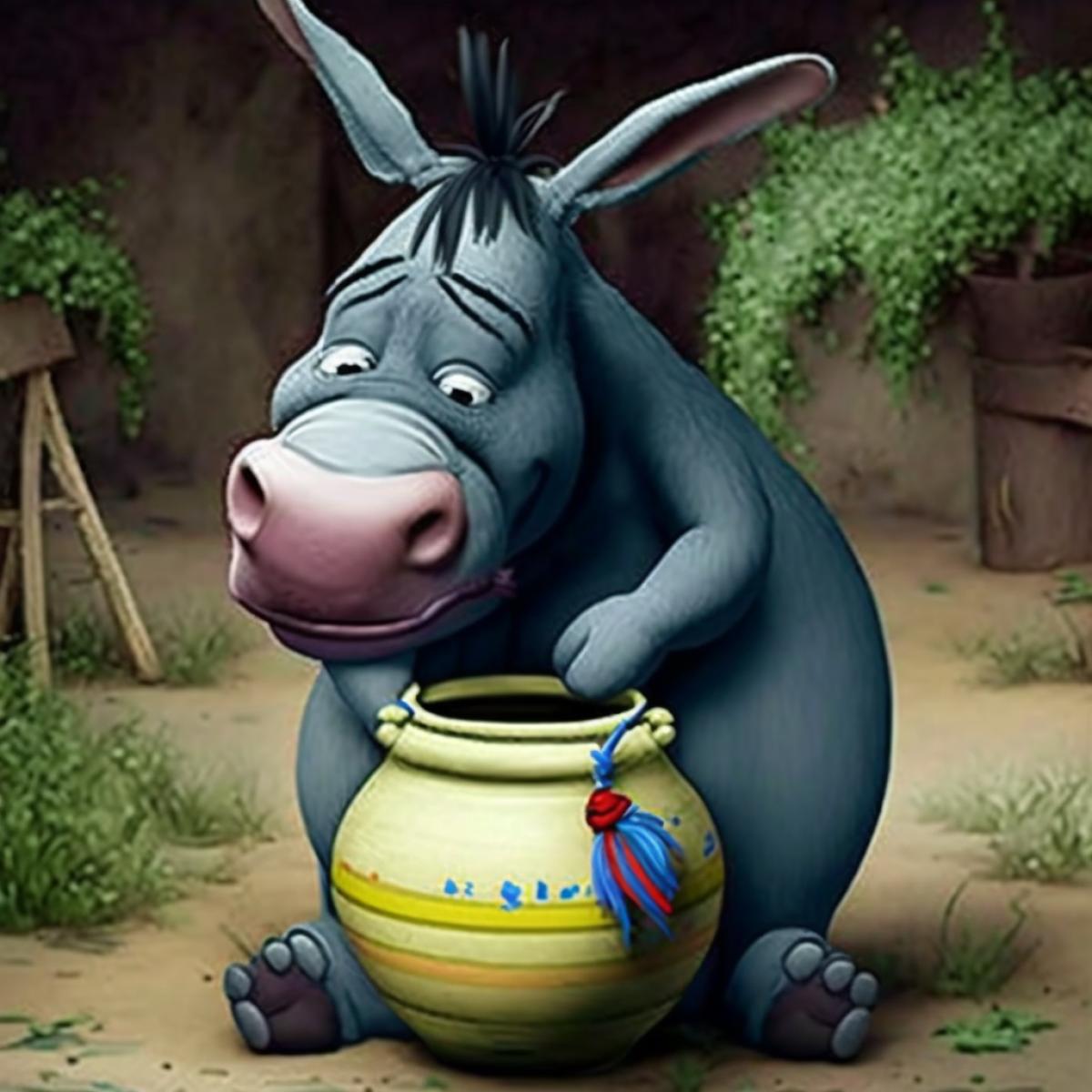 Eeyore the donkey lowers a deflated balloon into a pot