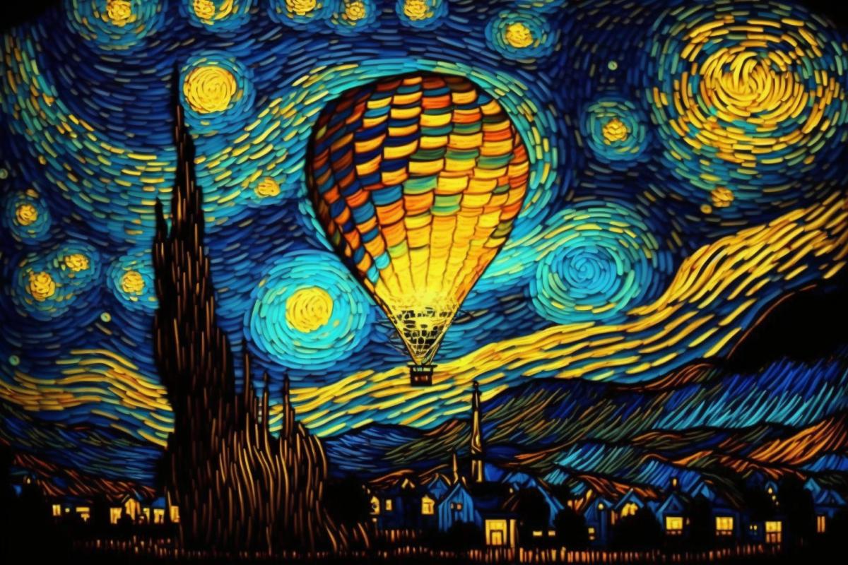 Hot air balloon glows in the night sky in the style of Van Gogh