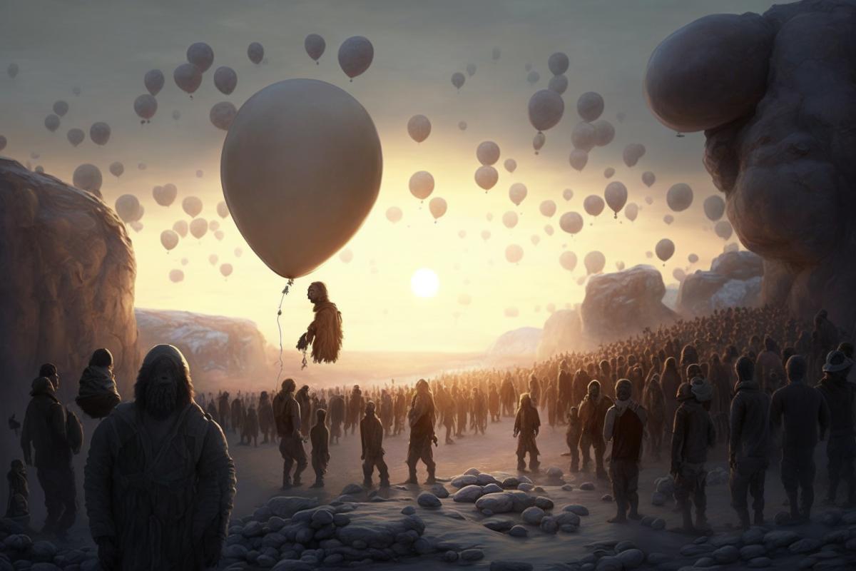 Primitive style balloons fly over crowds of Neanderthals at sunset