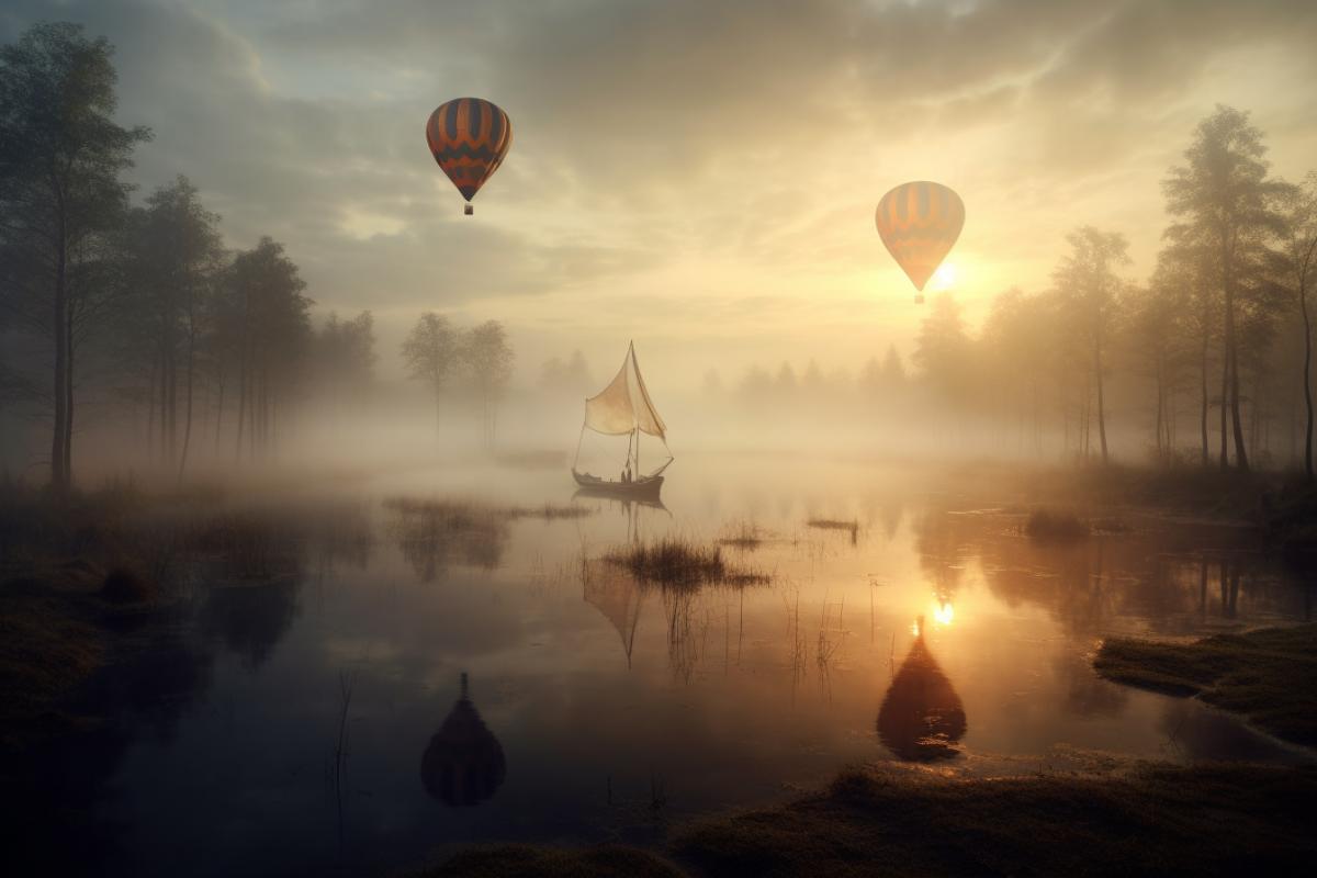 Lots of hot air balloons on a foggy morning, dawn on the swamp, dreams