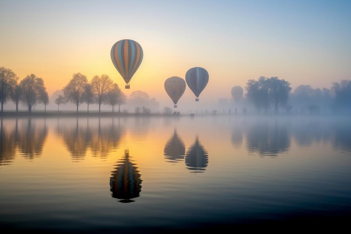 Lots of hot air balloons on a foggy morning, dawn on the swamp, dreams