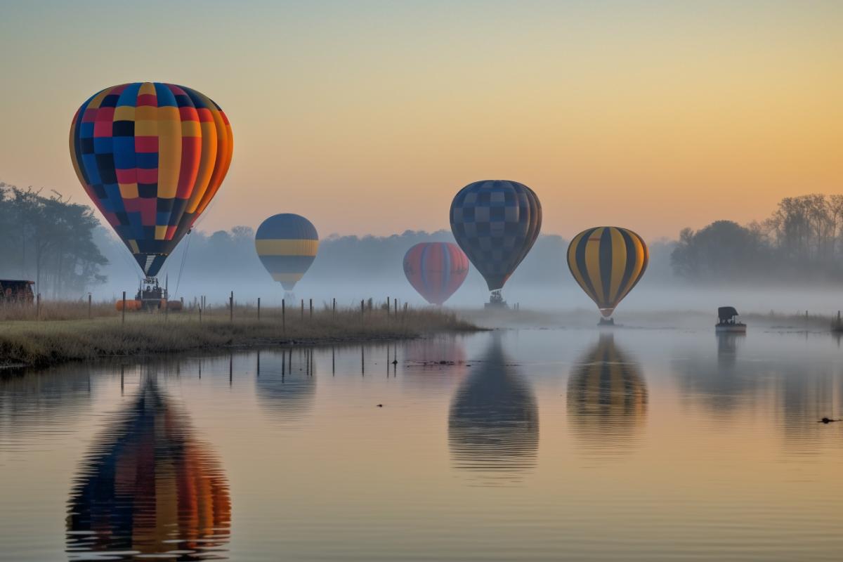 Lots of hot air balloons on a foggy morning, dawn on the swamp, dreams