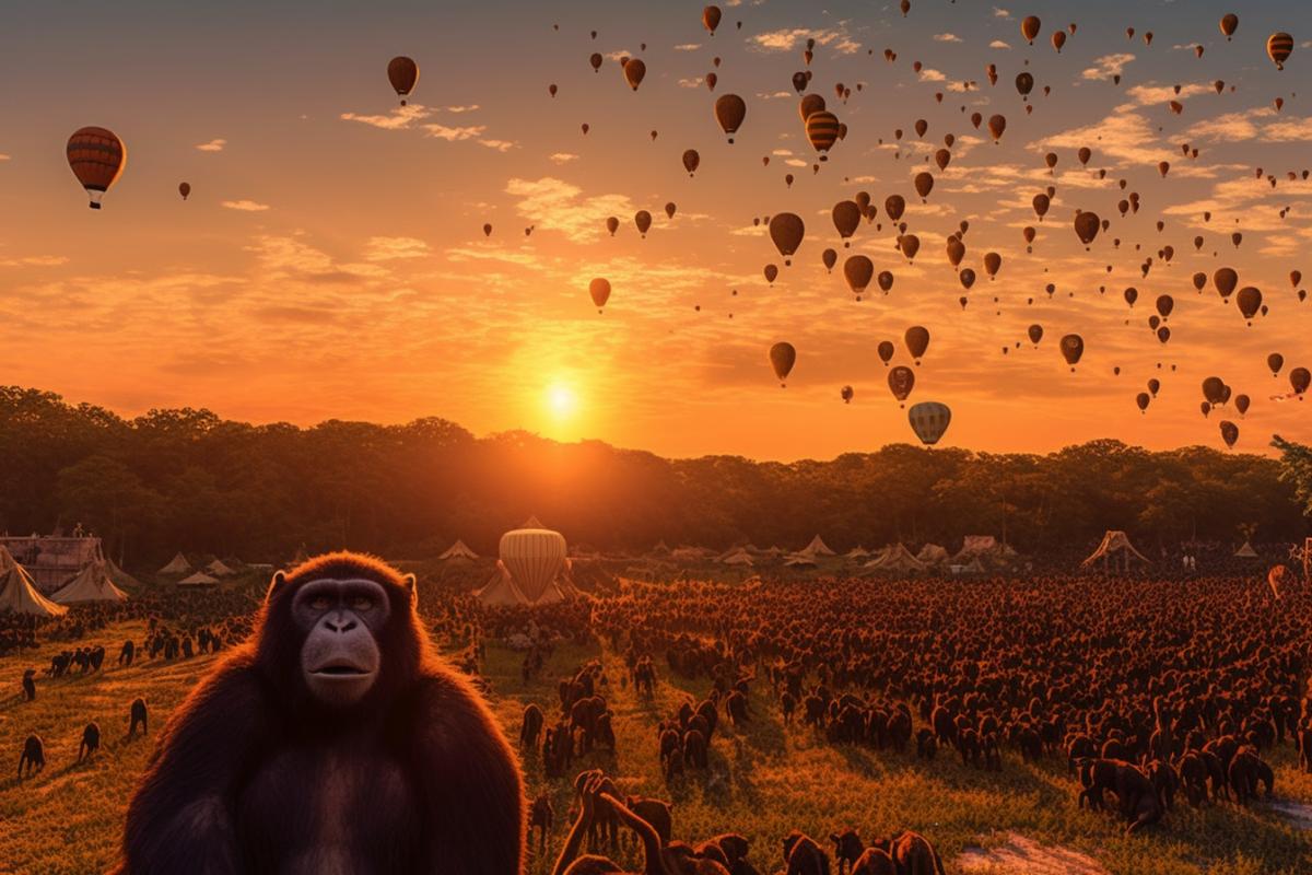 Primitive style balloons fly over crowds of Neanderthals at sunset