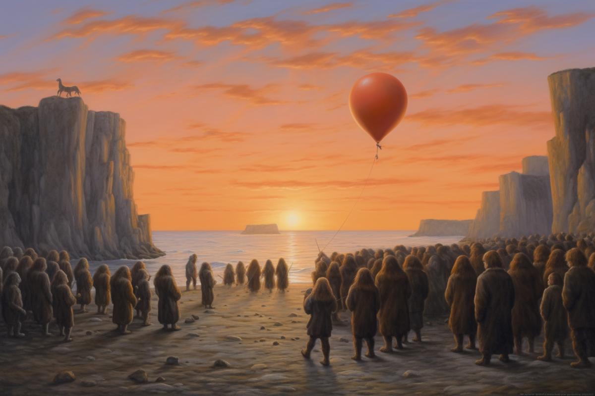 Primitive style balloons fly over crowds of Neanderthals at sunset