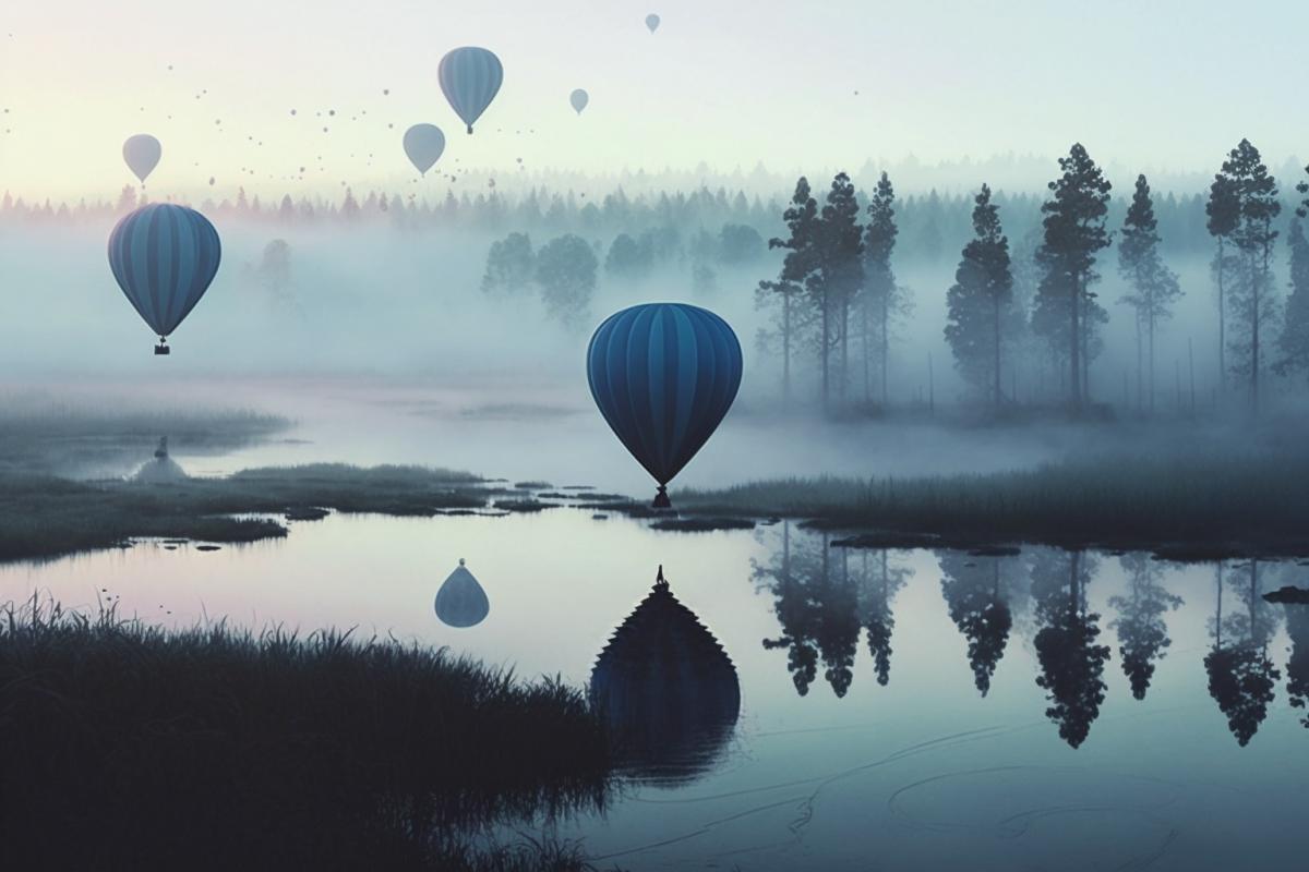 A lot of balloons on a foggy morning, dawn on a swamp, in the style of Roerich