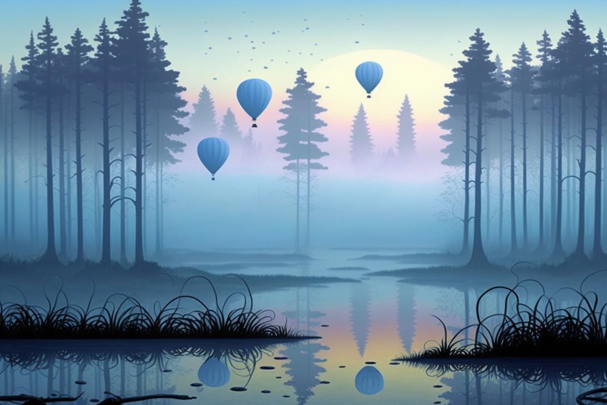A lot of balloons on a foggy morning, dawn on a swamp, in the style of Roerich
