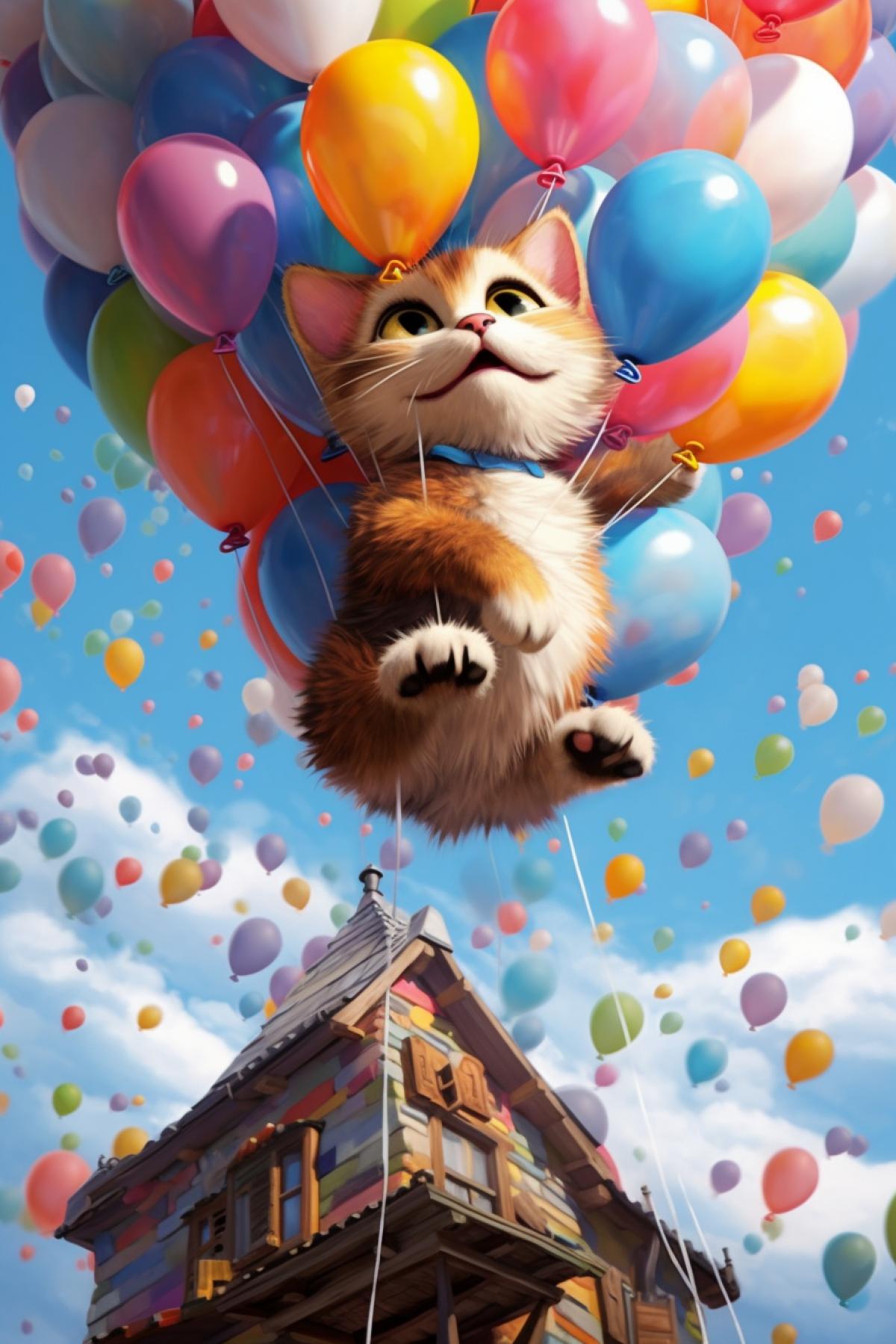 Create a picture from the cartoon up. For cats to fly on balloons, spreading their paws like birds